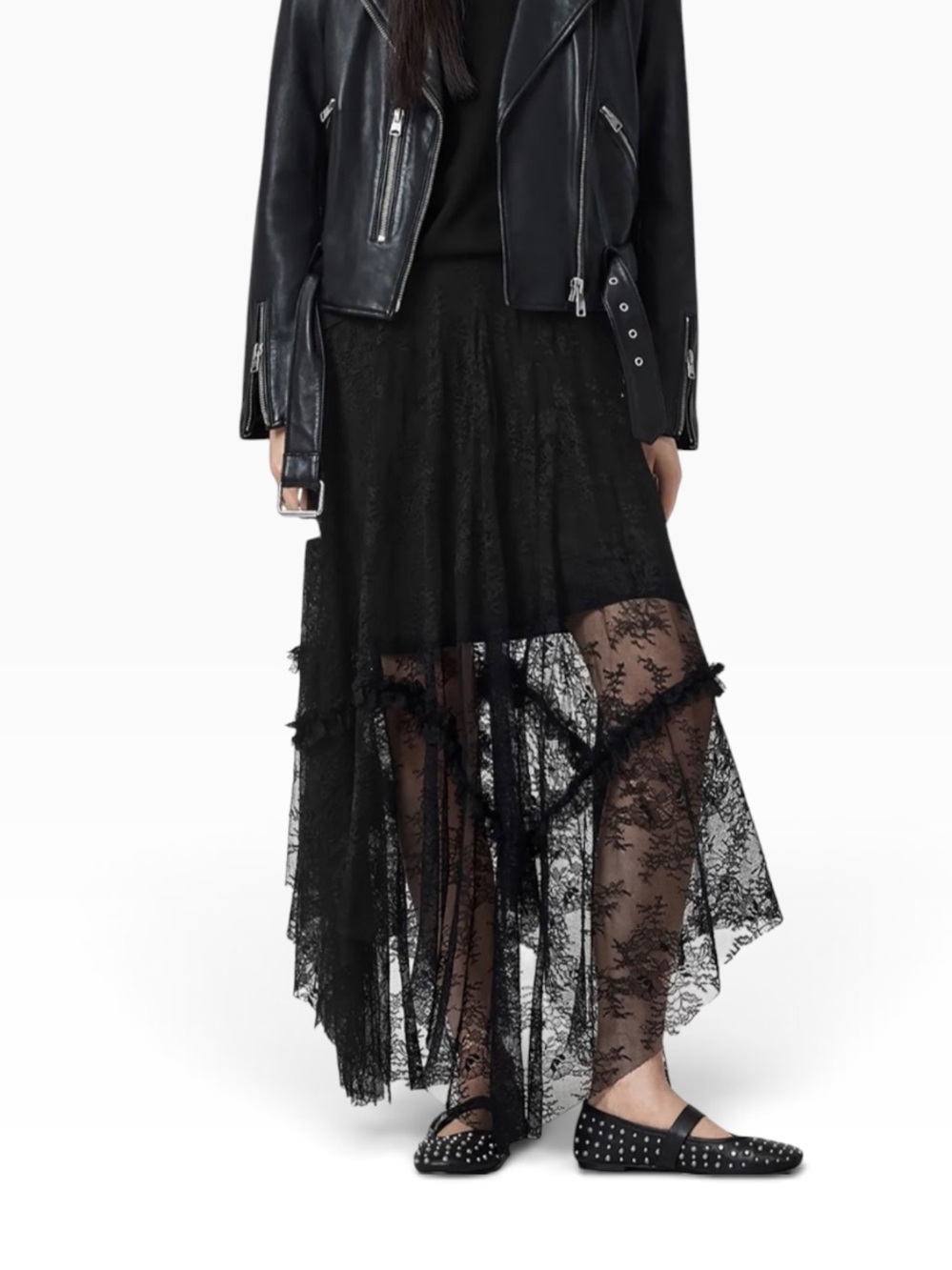 AllSaints Josie Asymmetric Lace Skirt, Black, Sz 8, NWT